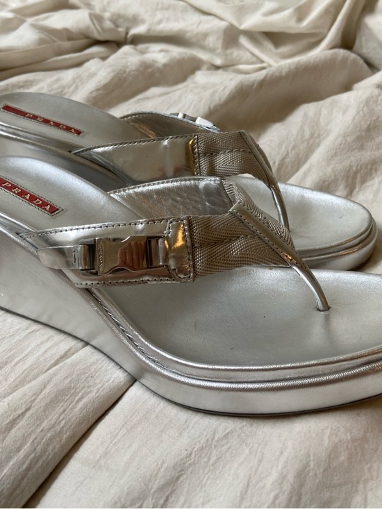 Prada Shoes - Prada Silver Metallic Wedge Thong Sandals with Buckle Detail